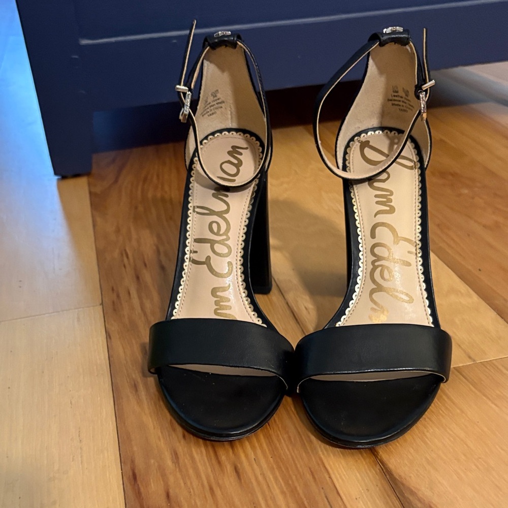 Sam Edelman Yaro Black Leather Ankle Strap Block Heels